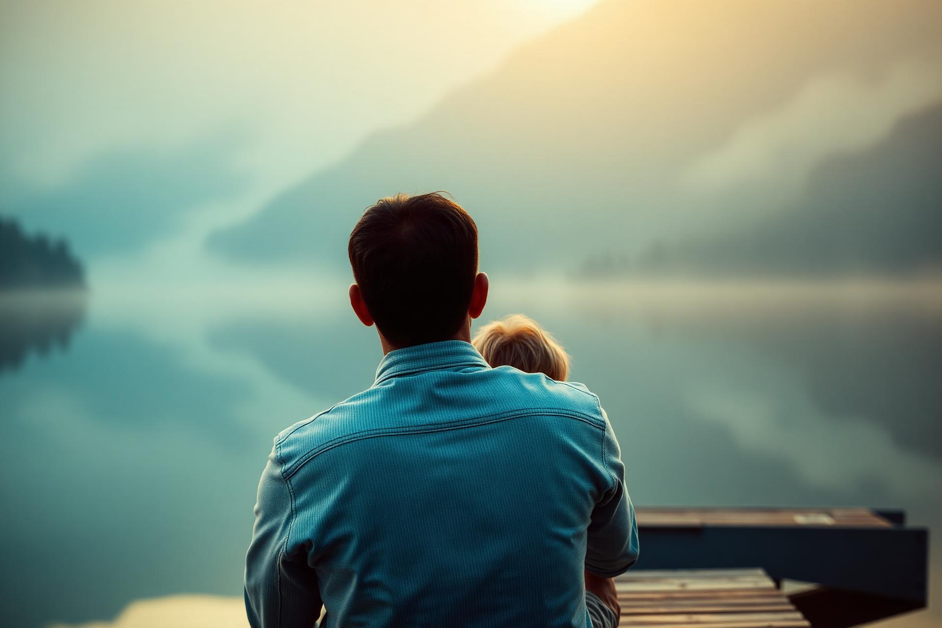Padre e figlio osservano un lago al tramonto